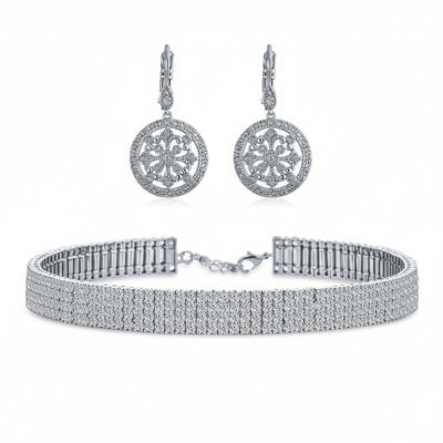 Bridal 5-Row Crystal Choker Necklace & Vintage CZ Compass Dangle Earrings Set