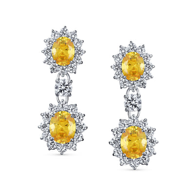 Set of 2 Art Deco Crown Halo Oval Yellow & Blue CZ Dangle Drop Earrings