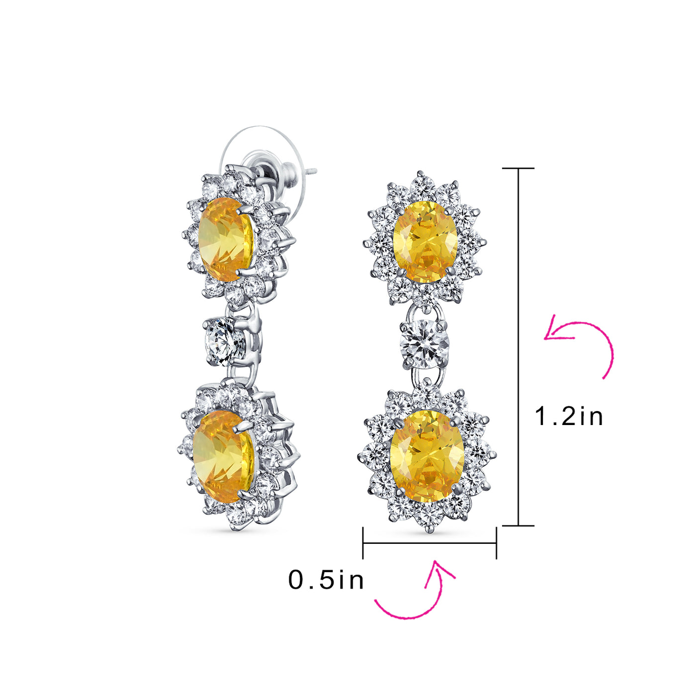 Set of 2 Art Deco Crown Halo Oval Yellow & Blue CZ Dangle Drop Earrings