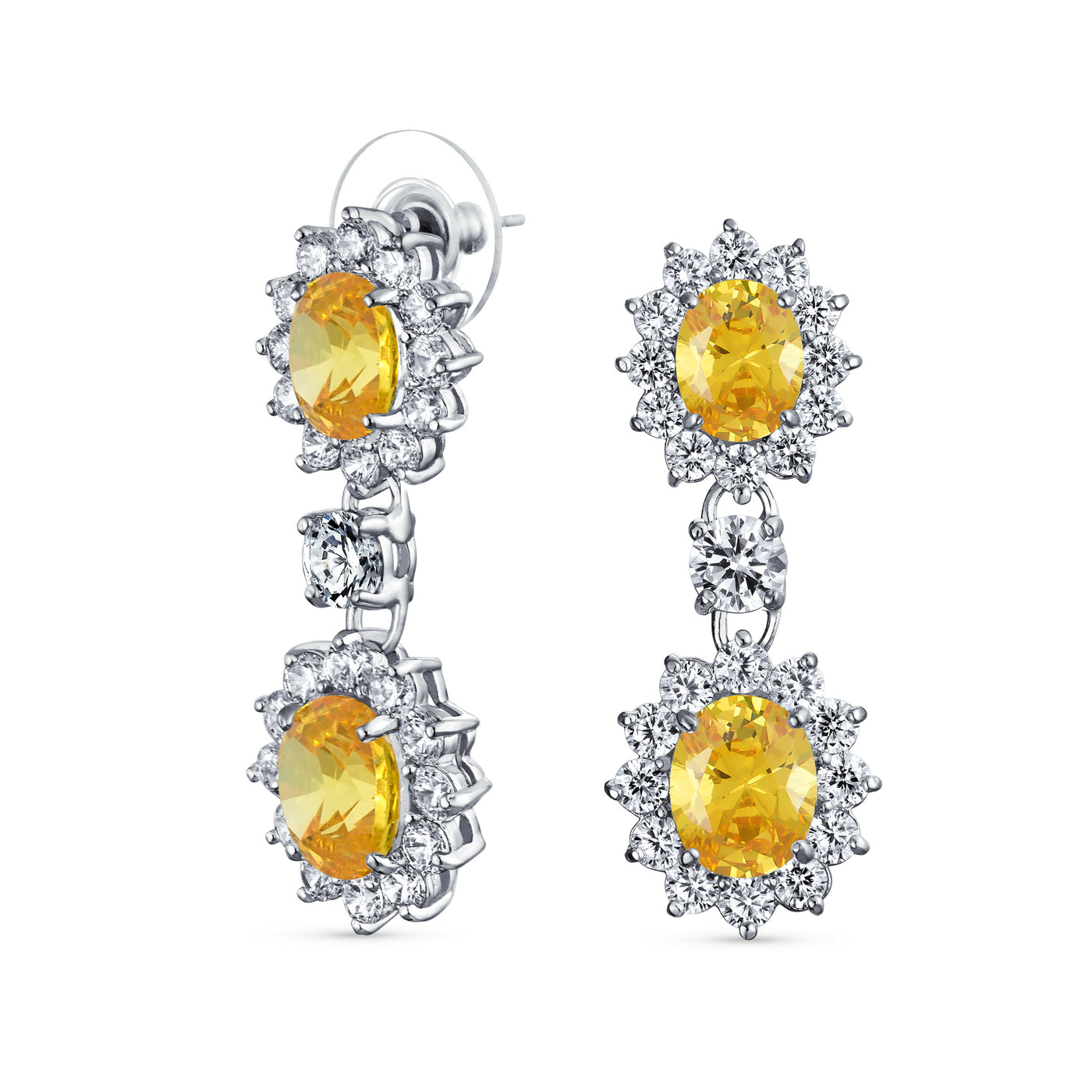 Set of 2 Art Deco Crown Halo Oval Yellow & Blue CZ Dangle Drop Earrings