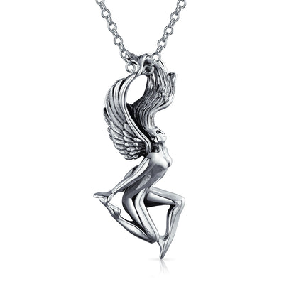 Vintage Angel Goddess Wings Pendant Necklace Antiqued Sterling Silver