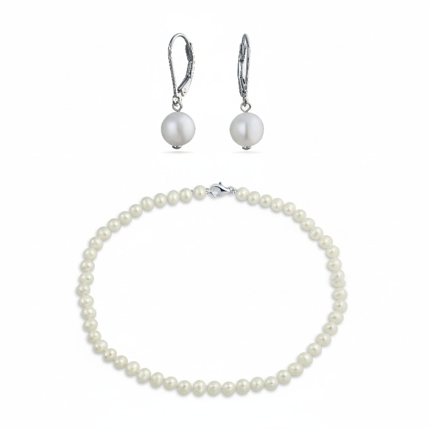Classic Bridal 7MM White Freshwater Pearl Necklace & 8MM Drop Pearl Earrings Set