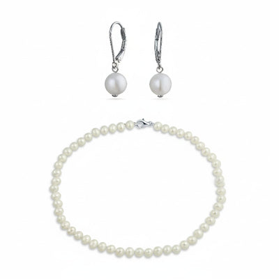 Classic Bridal 7MM White Freshwater Pearl Necklace & 8MM Drop Pearl Earrings Set