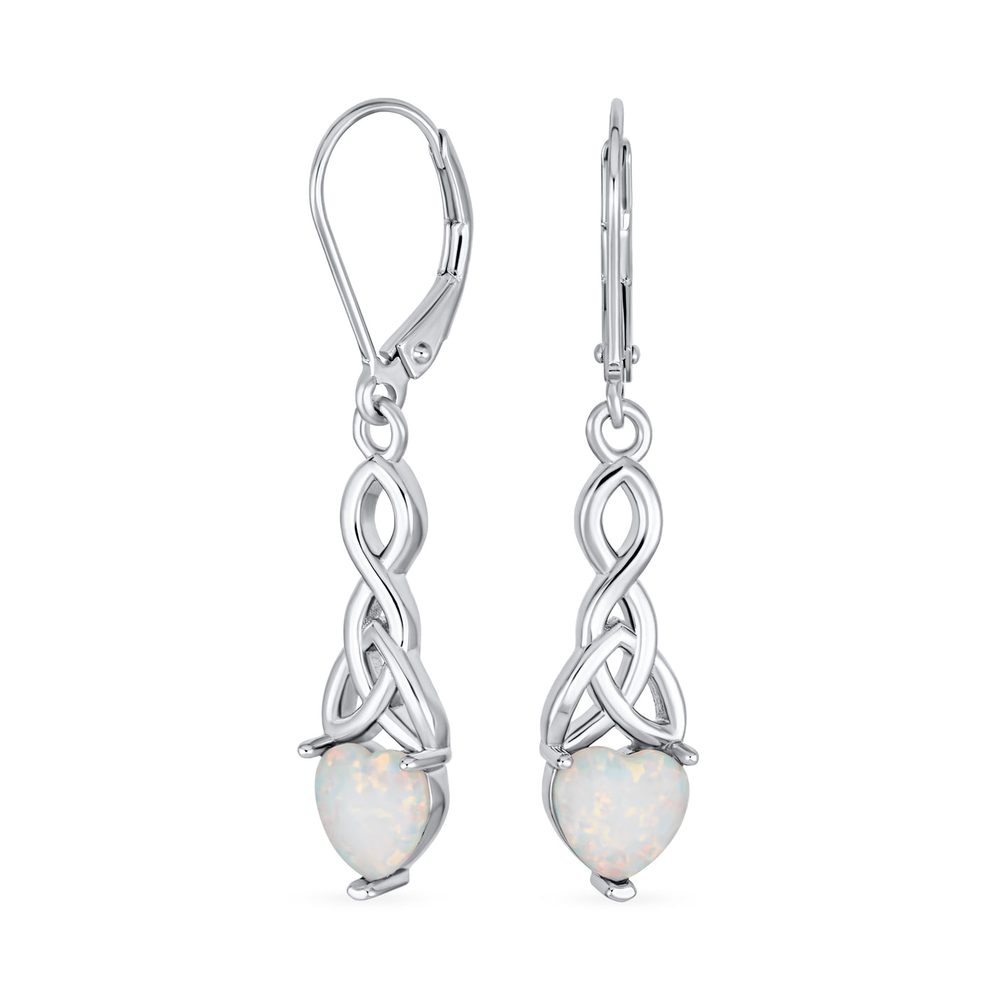 Celtic Love Knot Heart Shape Opal Dangle Earrings .925Sterling Silver