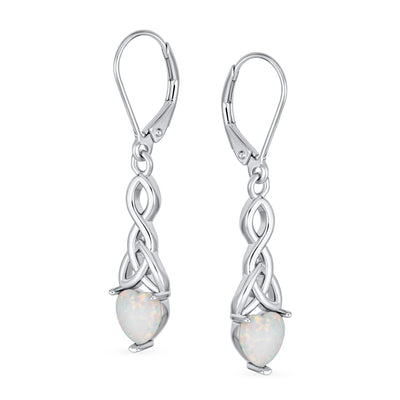 Celtic Love Knot Heart Shape Opal Dangle Earrings .925Sterling Silver