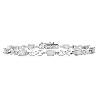 White Created Opal CZ Infinity Bracelet .925 Silver October Birthstone