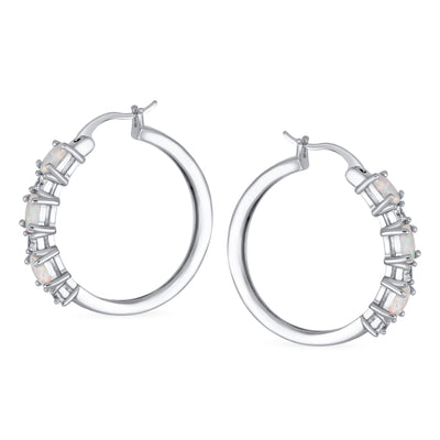 Alternating White Opal CZ Hoop Earrings Rose Sterling Silver 1"