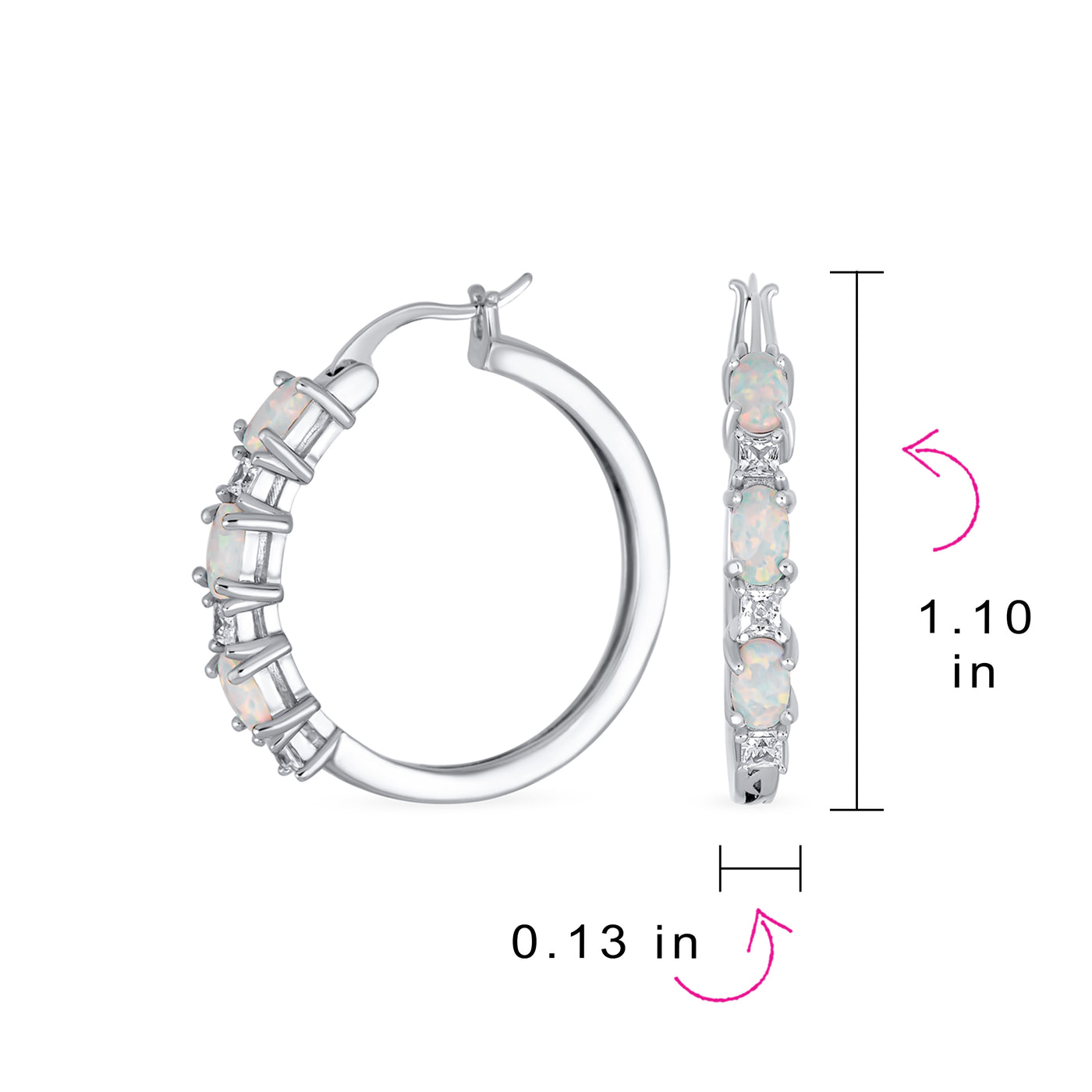Alternating White Opal CZ Hoop Earrings Rose Sterling Silver 1"