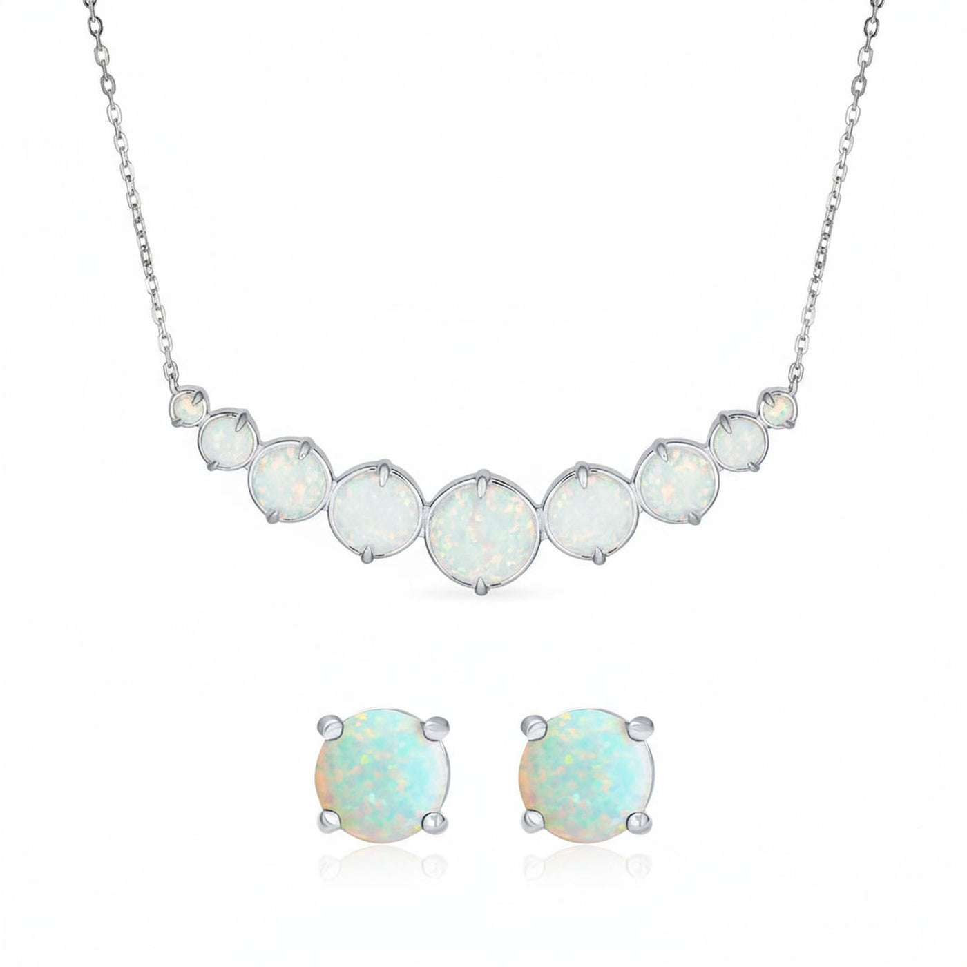 Gemstone White Created Opal Necklace & Stud Earrings Jewelry Set Sterling Silver