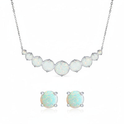 Gemstone White Created Opal Necklace & Stud Earrings Jewelry Set Sterling Silver