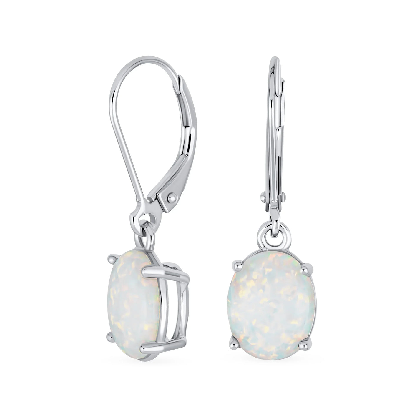Classic White Opal Oval Solitaire Dangle Gemstone Earrings in Sterling Silver - Bling Jewelry