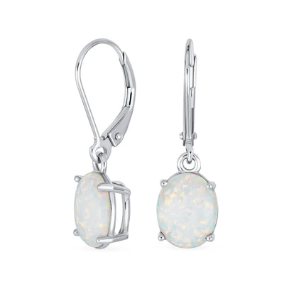Classic White Opal Oval Solitaire Dangle Gemstone Earrings in Sterling Silver - Bling Jewelry