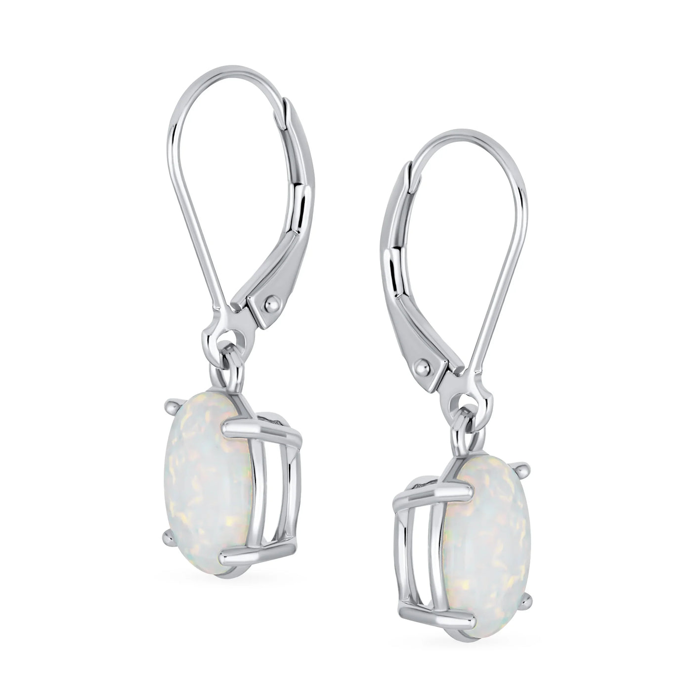 Classic White Opal Oval Solitaire Dangle Gemstone Earrings in Sterling Silver - Bling Jewelry