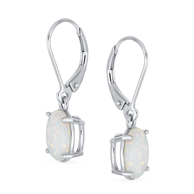 Classic White Opal Oval Solitaire Dangle Gemstone Earrings in Sterling Silver - Bling Jewelry