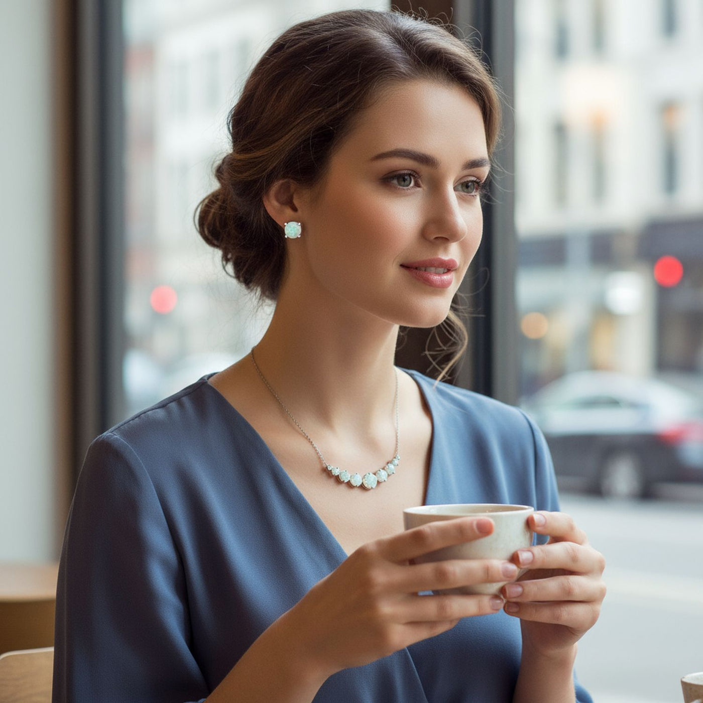 Gemstone White Created Opal Necklace & Stud Earrings Jewelry Set Sterling Silver
