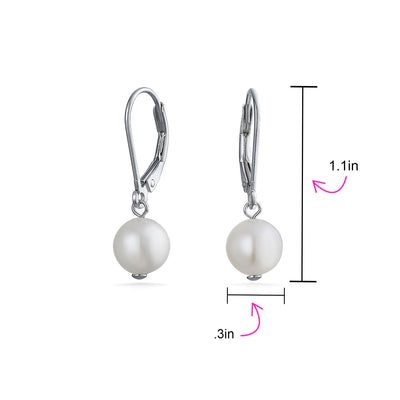 Classic Bridal 7MM White Freshwater Pearl Necklace & 8MM Drop Pearl Earrings Set