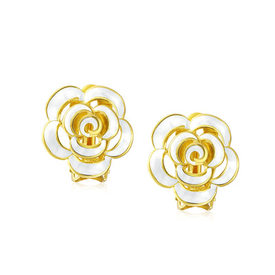 Set of 2 Fashion Enamel 3D Blue White Rose Flower Clip-On Earrings Gold Plated - Bling Jewelry