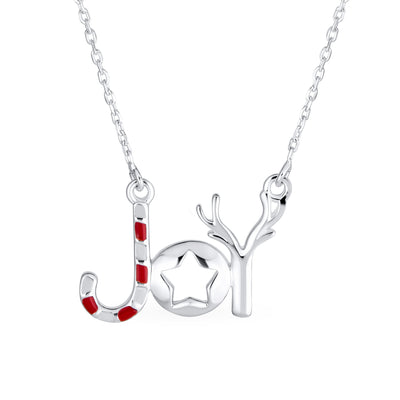 Christmas Red Candy Cane Word JOY Pendant Necklace .925 Silver