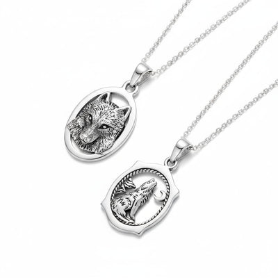 Set of 2 Werewolf Wicca Totem Moon Stars Oval Pendant Necklace Oxidized Silver