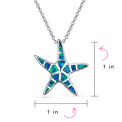Starfish Pendant Blue Created Opal Necklace .925 Sterling Silver Chain