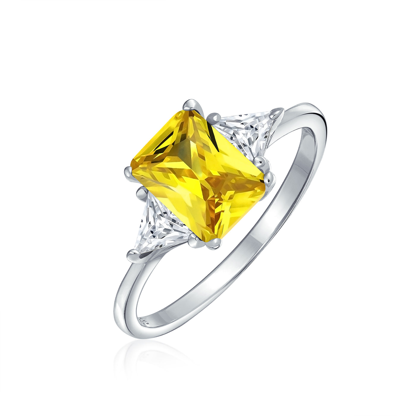 Bridal 3 Stone CZ Pink Emerald Cut Engagement Ring with Trillion Accents Silver