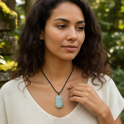 Yogi Protection Amulet Jade Buddha Pendant Necklace Black Cord 16-24 Inch