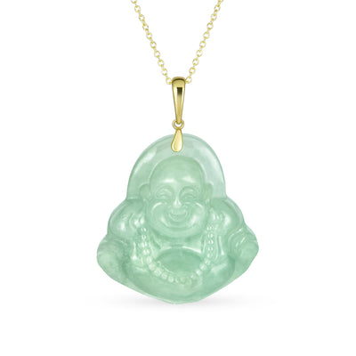 Large Spiritual Green Jade Laughing Buddha Unisex Pendant Necklace 20"