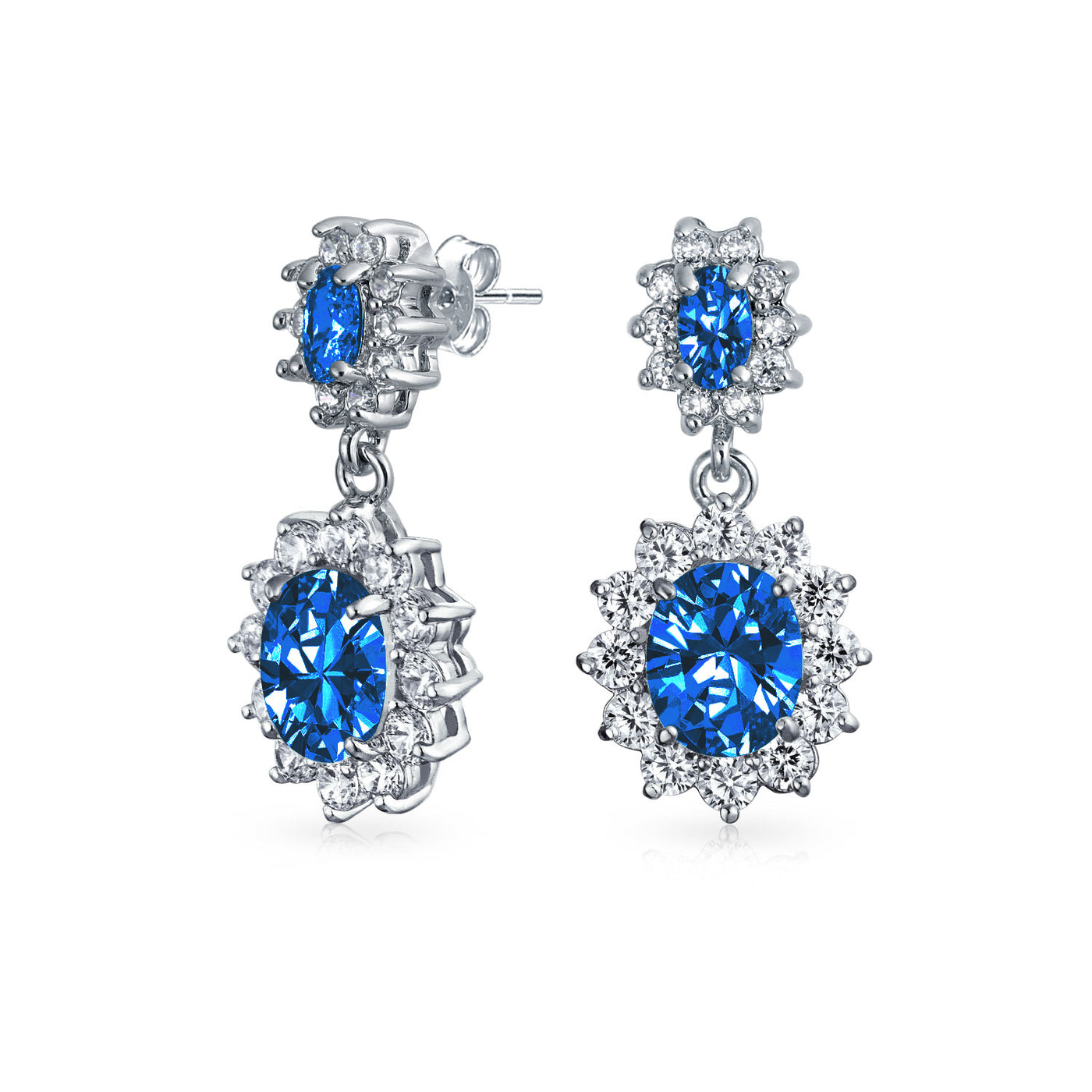 Bridal Blue CZ Oval Crown Halo Tennis Bracelet & Drop Earrings Set Silver Plated