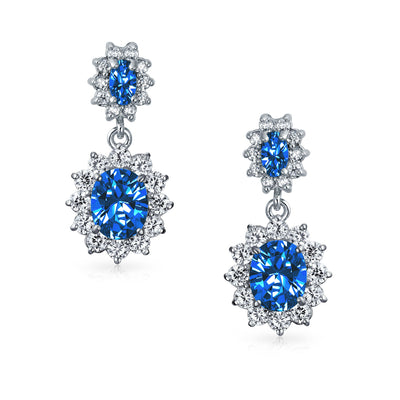 Bridal Blue CZ Oval Crown Halo Tennis Bracelet & Drop Earrings Set Silver Plated